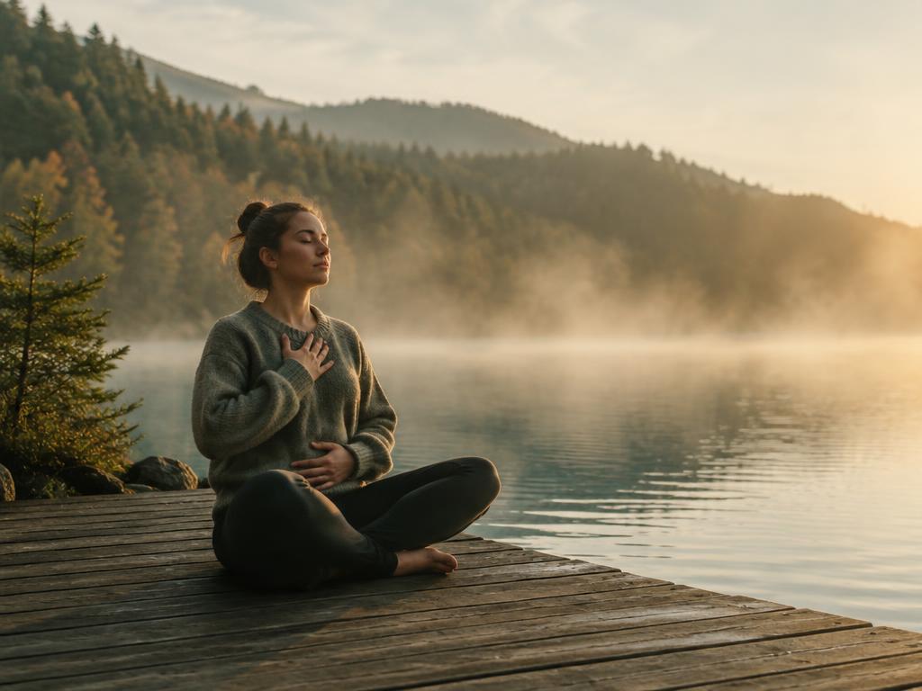 A person doing breathwork on a dock by a misty lake