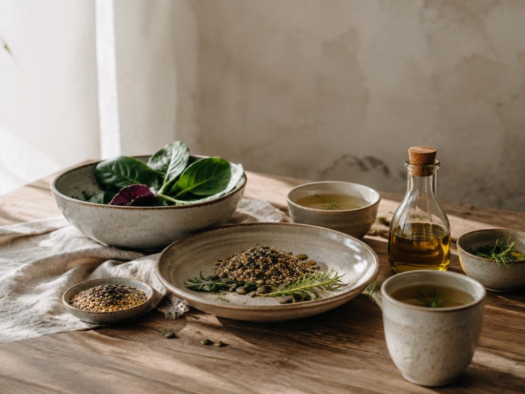 Whole-food still life on ceramic plates